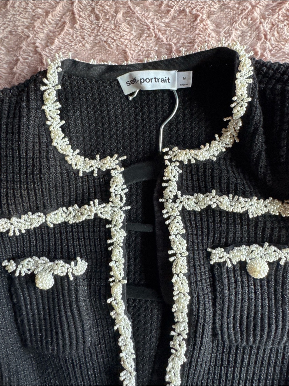 Self-Portrait Black Knit Long-Sleeve Midi Dress with Cream Trim - Picture 4 of 8
